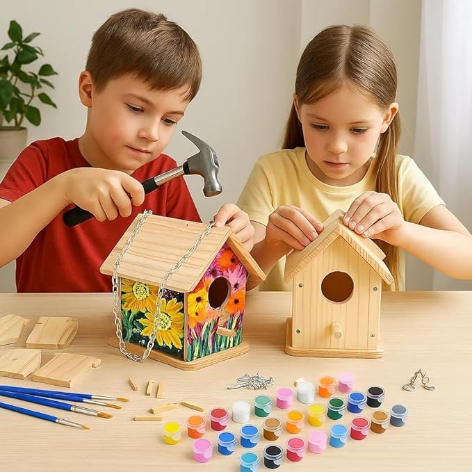 2025 New 2pc DIY Birdhouse Kit for Kids, Cedar Wood Bird House Kits Bulk for Kids and Adults, Art Craft Outdoor Birdhouse, Solid Wood Weather Proof Material Painting Kit