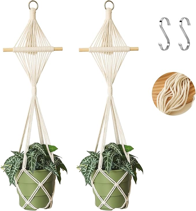 2Pcs Macrame Plant Hangers Indoor Macrame Hanging Planters Large for up to 10 inch Pot No Tassels Long Crochet Boho Plant Hanger Holder for Indoor Outdoor Plants with 2 Hooks(White Wood Hanger)