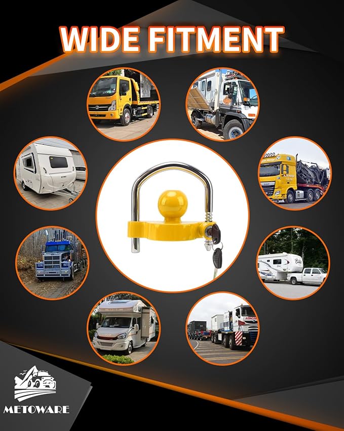 METOWARE Trailer Coupler Lock Universal Adjustable Heavy-Duty Steel Trailer Hitch Lock, Anti Theft Trailer Ball Lock Towing Lock for Towing Trailer Security Fits 1-7/8",2”, 2-5/16" Coupler Yellow