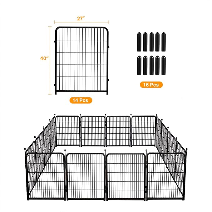 Doorless Animal Barrier Fence, 40in(H) 14 Panels Total 31 Ft(L), Garden Fences and Borders for Dogs, Anti Dig Fence Barrier, Black Metal Decorative Garden Fencing, Flower Bed Fencing