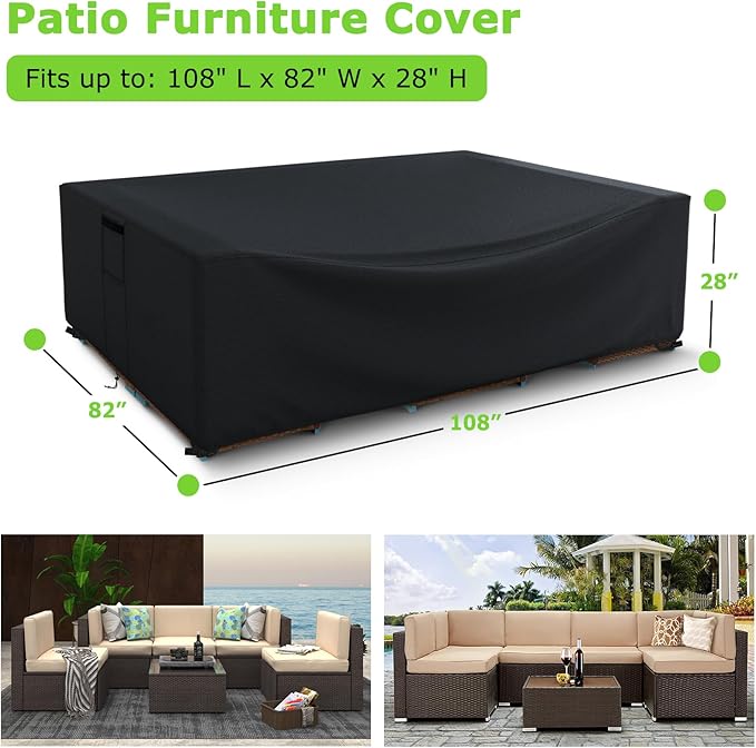 Patio Furniture Covers Waterproof, Heavy Duty 600D Outdoor Furniture Covers for Outside Sectional Sofa Set,Tear Resistance and Anti-UV, Black,108"L x 82"W x 28"H