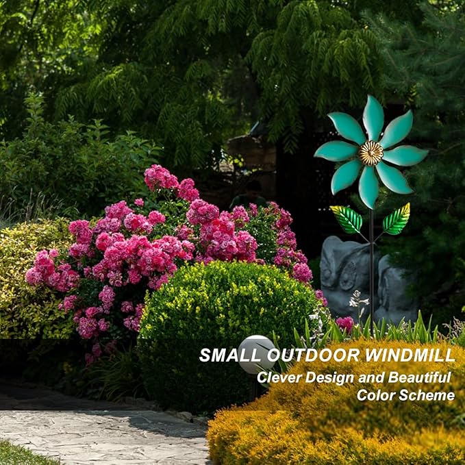 Metal Wind Spinners for Outdoor Decor - 35inch Tall Kinetic Wind Sculptures with 10inch Diameter, Durable Yard Art for Garden, Patio, Lawn - Weather-Resistant Garden Pinwheels in Vibrant Cyan