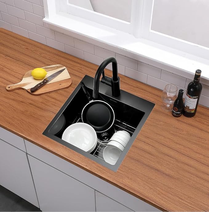 18x18 Inch Black Bar Sink Drop In, Topmount Stainless Steel Kitchen Sink, Square Small Kitchen Sinks, Single Bowl Kitchen Sinks for Laundry Wet Bar Prep RV Office Outdoor Yard