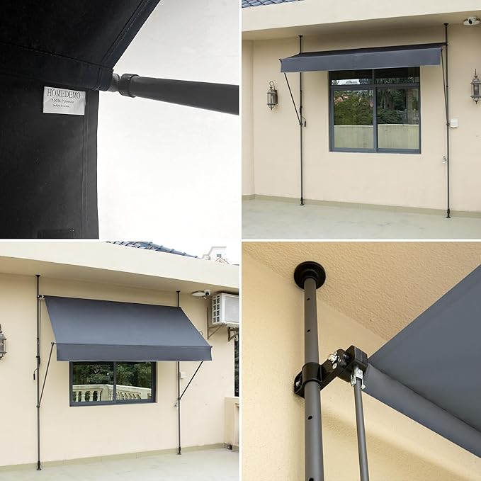 HOMEDEMO Manual Retractable Awning 118" W x 118" H,Side Bar 47-59in Patio Awning Retractable Outdoor Sunshade Shelter Height Adjustable Sunsetter Retractable Awning UV Protection for Backyard Garden