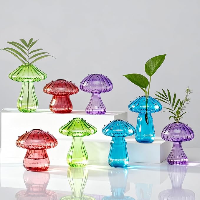 Nacome Mushroom Glass Propagation Station for Plants: Set of 8 Colored Vases Terrarium Kit for Home Office Indoor Hydroponics Decor - Birthday Gifts for Women Mom Grandma
