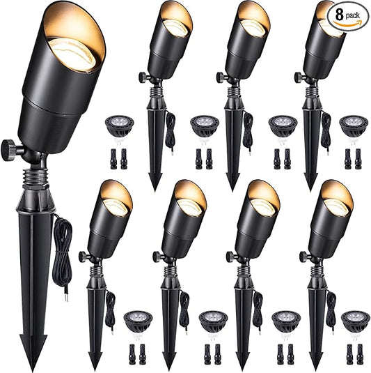Spot Light Brass - Outdoor Landscape Spotlights 12V, LED Low Voltage Landscaping Uplights, All Weather Hard-Wired Black for Backyard Lawn with Cold White Changeable Bulbs (8 Pack)