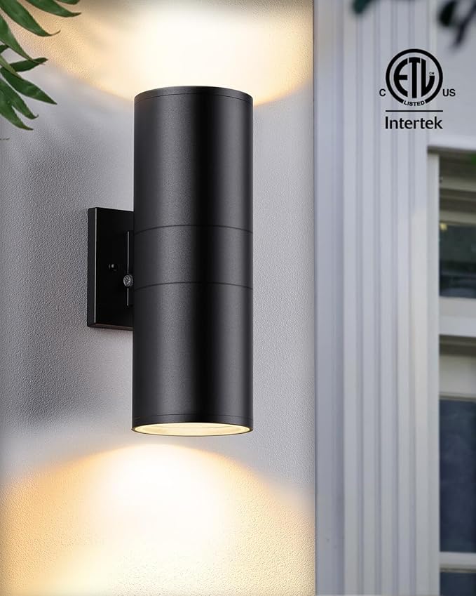 SHIMR Dusk to Dawn Outdoor Lighting 2 Pack, Modern Exterior Light Fixture Wall Mount ETL Listed, Aluminum Waterproof Black Up and Down Outside Lights for House Porch Garage, LED Bulbs Include