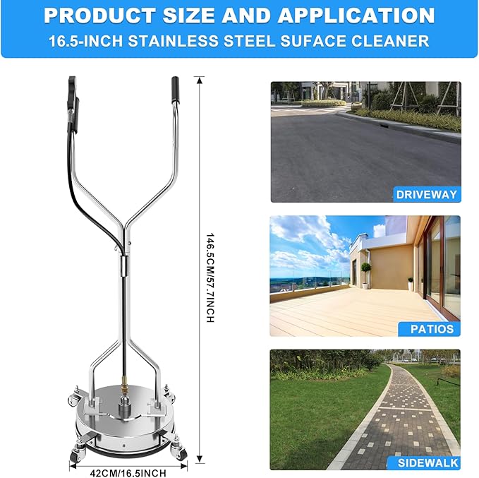 16.5" Pressure Washer Surface Cleaner with 304 Industrial-grade Stainless Steel Housing, Dual Handle, Driveway Pressure Washer Attachment, 2 Replacement Nozzles, for Concrete, Sidewalk, Deck, 4500 PSI