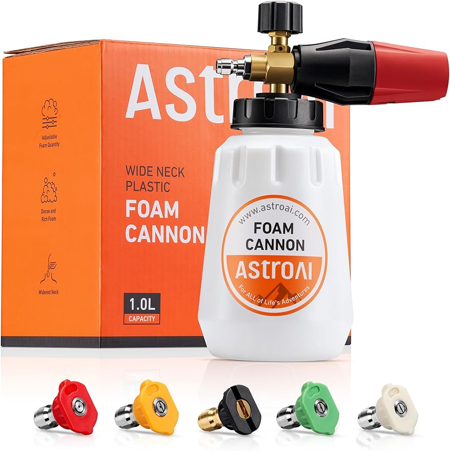 AstroAI Foam Cannon, Heavy Duty Car Foam Blaster Wide Neck Adjustable Snow Foam Lance and Thick Foam for Pressure Washer with 1/4" Quick Connector,1L Bottle & 5 Nozzles