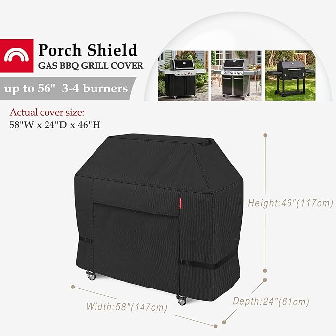 Porch Shield 58W x 24D x 46H inch Premium Gas Grill Cover Up to 56 inch, Waterproof and Fade Resistant 600D BBQ Covers for Weber, Brinkmann, Char-Broil and More, Black