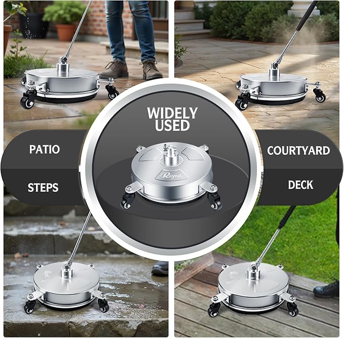 RAYNEL 14'' Pressure Washer Surface Cleaner with 4 Wheels, Stainless Steel Housing, 1/4" Quick Plug, 2 Extended Wands, 2 Replacement Nozzles