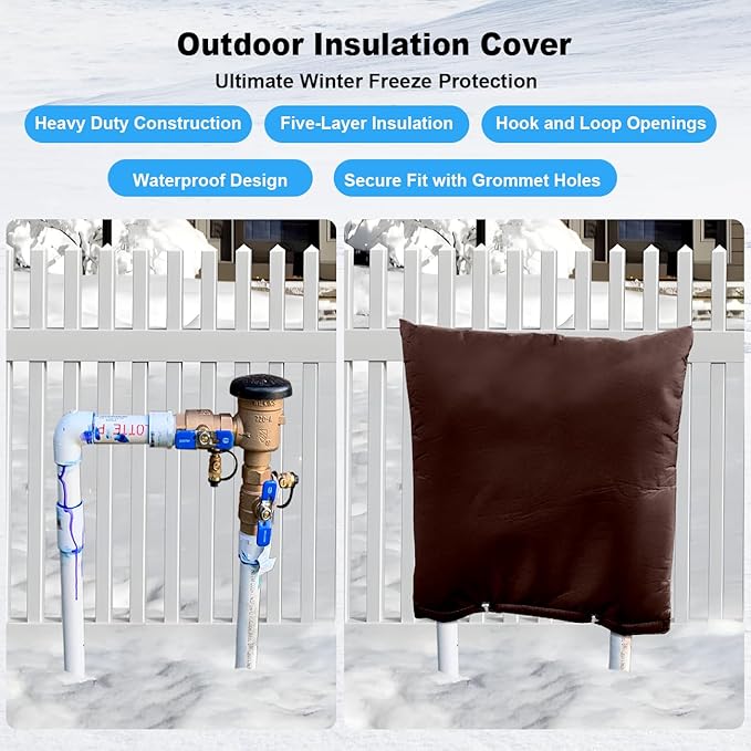 Outdoor Pipe Insulation Cover, Waterproof Backflow Preventer Cover for Winter Freeze Protection, Heavy-Duty 5-Layer Fabric Insulated Wrap for Sprinklers and Valves 16W x 20H inches- Brown