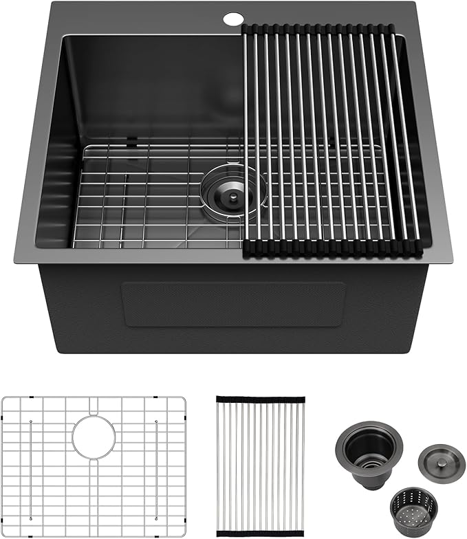 25 x 22 Inch Black Drop In Laundry Sink Topmount NANO PVD 16 Gauge Stainless Steel Single Bowl Large Deep Kitchen Sinks Basin 25"x22"x12"