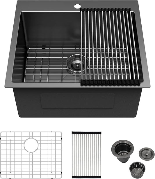 25 x 22 Inch Black Drop In Laundry Sink Topmount NANO PVD 16 Gauge Stainless Steel Single Bowl Large Deep Kitchen Sinks Basin 25"x22"x12"