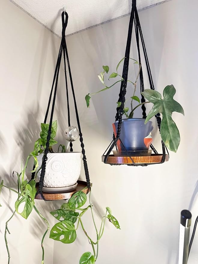 2 Pack Macrame Plant Hanger | Plant Hanger Indoor, Hanging Planter Shelf | Hanging Planter (Black) (1 Large + 1 Medium)