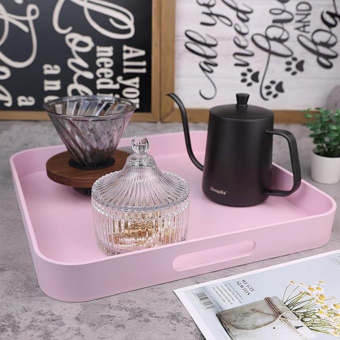 Square Pink Decorative Serving Tray with Handles, Versatile Ottoman Tray for Coffee Table, Entertaining, Outdoor Patio, Living Room, 13”*13”*1.6”
