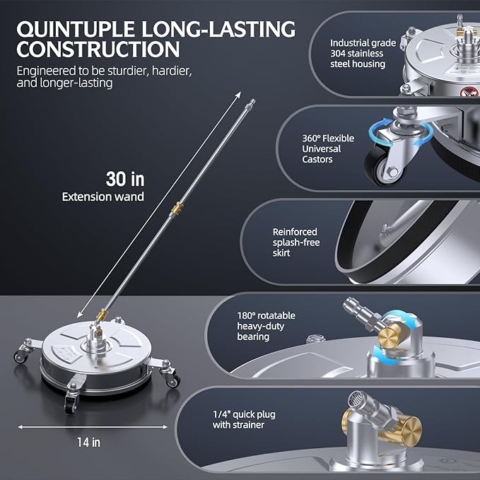 14" Pressure Washer Surface Cleaner 4500 PSI with 304 Industrial-grade Stainless Steel Housing,1/4” Quick Plug, 4 Universal Wheels, 2 x 15" Extended Wands, 2 Replacement Nozzles, 4 Spray Nozzle Tips