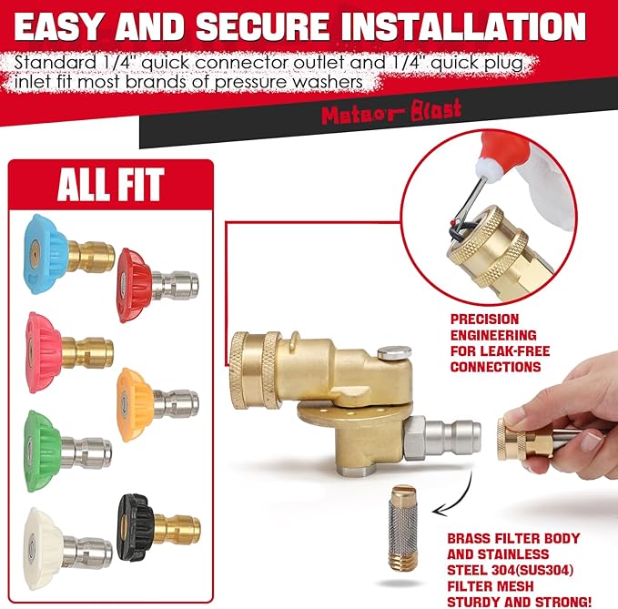Meteor Blast Pivoting Coupler, 270 Degree with 7 Angles, heavy duty design and Stainless Steel Safety Lock for Pressure Washer Spray Nozzle, Clean Hard to Reach Area, 5000PS