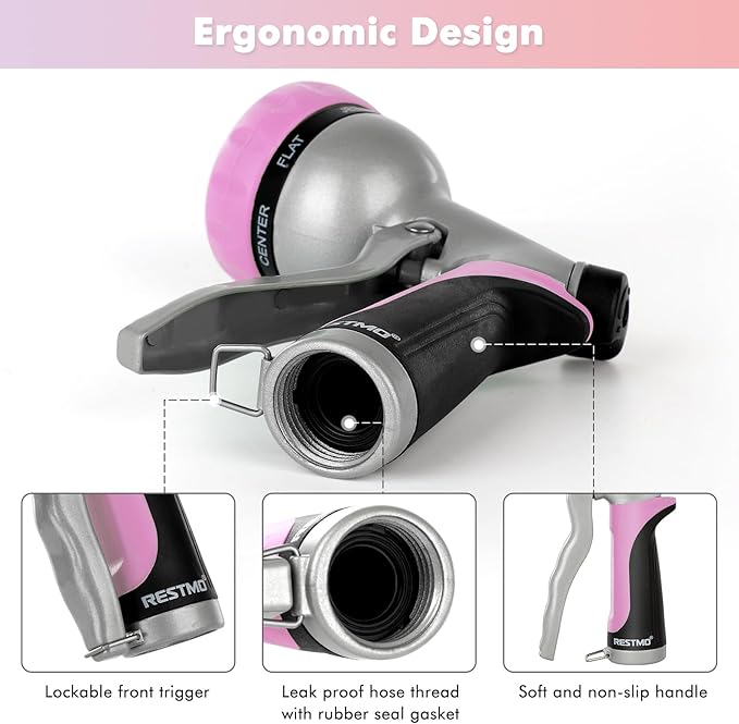 RESTMO Garden Hose Nozzle, Heavy Duty Metal Water Hose Nozzle with 7 Adjustable Spray Patterns, High Pressure Hand Sprayer with Flow Control, Best for Watering Plant & Lawn, Washing Car & Pet, Pink