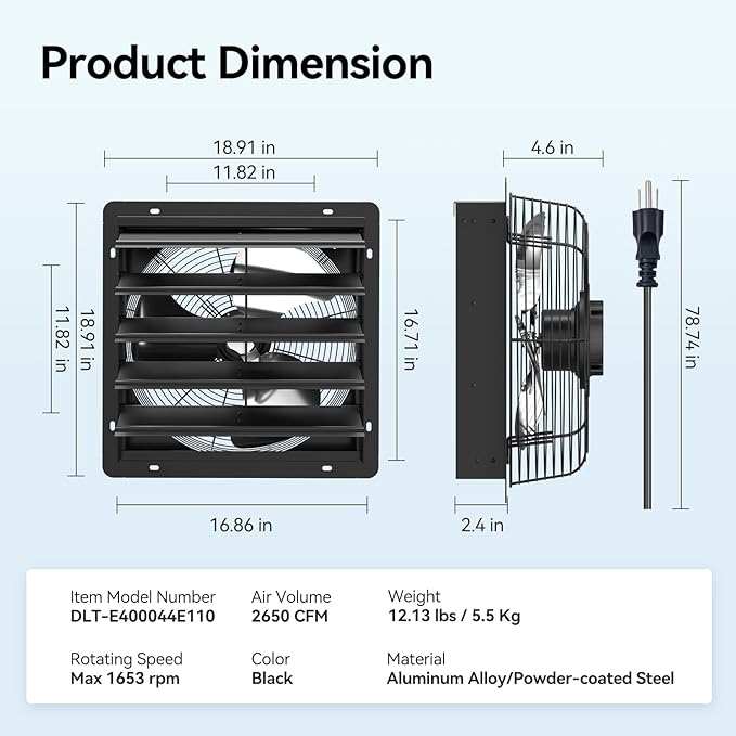 addlon 16 Inch Shutter Exhaust Fan Wall Mounted with EC Motors and Remote Control, Timer, 8 Speeds, 2650CFM, Low Noise, Easy to Install, Plug in Ventilation Fan for Garages, Shops, Greenhouse, Attic