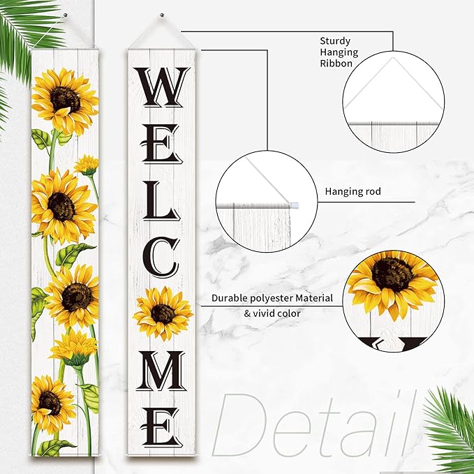 Tatuo Sunflower Welcome Hanging Banners Fall Porch Banners Flags Autumn Door Banner Thanksgiving Hanging Banner for Front Door Garden Home Yard Sunflower Party Decorations(White Background)