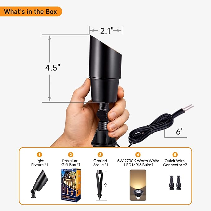 Spot Light Brass - Outdoor Landscape Spotlights 12V, LED Low Voltage Landscaping Uplights, All Weather Hard-Wired Black for Backyard Lawn with Warm White Changeable Bulbs (8 Pack)