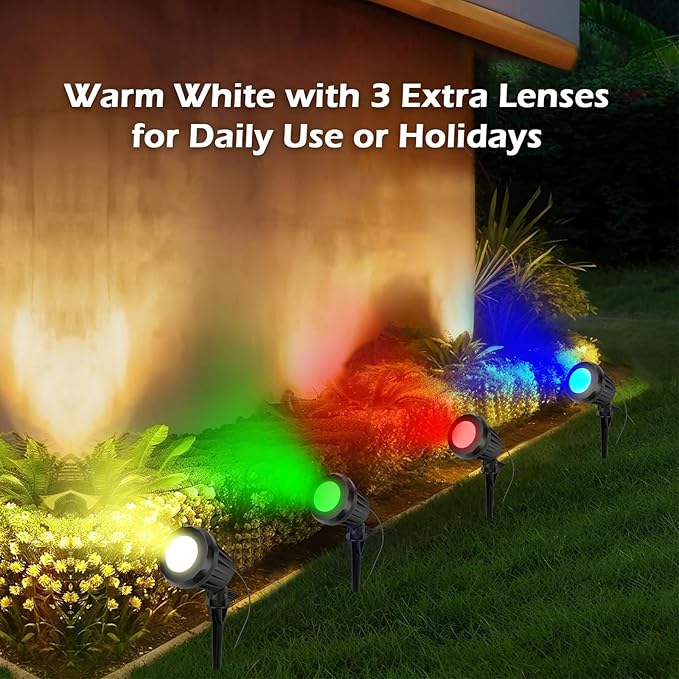 Spotlight Outdoor, 2700K Warm White 10W LED Landscape Spot Lights with RGB 3 Lenses, IP67 Waterproof, 120V Plug-in for Holiday & Everyday Decor in Yard Garden Lawn Tree(1 Pack, Black)