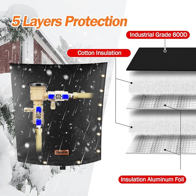 2-Way Opening Backflow Preventer Pipe Insulation Cover (5F) - Irrigation Sprinkler Valve and Water Well Pump Protection - Sturdy 5 Layers for Winter Freeze (20" W x 26" H, Black)
