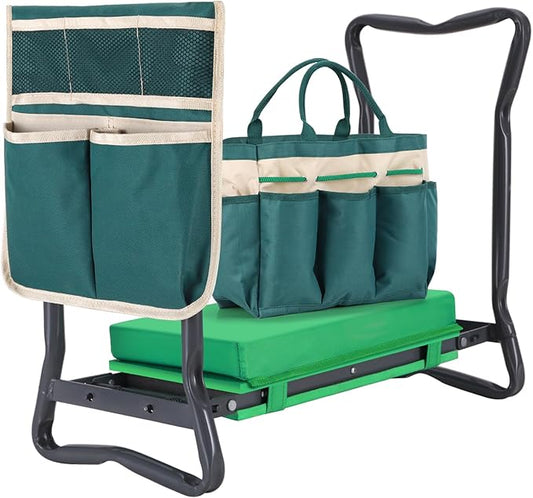 Ohuhu Garden Kneeler and Seat: Upgraded Widened Gardening Stool with Detachable Soft Kneeling Pad, Foldable Garden Bench Heavy Duty with Large Tools Bag and Pouch, Gifts for Women Men Seniors Gardener