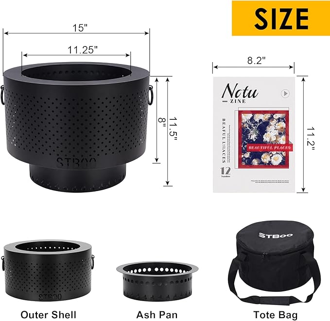 STBoo Pellet Fire Pit for Outside with Portable Carrying Storage Bag, 15x11Inch Smokeless Fire Pits Outdoor Wood Burning, Low Smoke Camping Stove for Bonfire Picnic Backyard Cooking on Beach, Black, M
