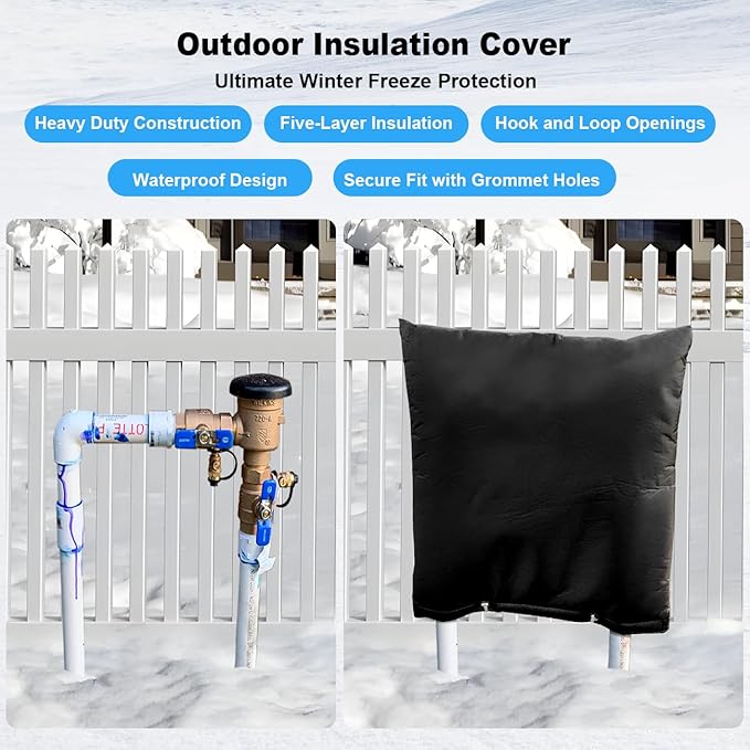 Outdoor Pipe Insulation Cover, Waterproof Backflow Preventer Cover for Winter Freeze Protection, Heavy-Duty 5-Layer Fabric Insulated Wrap for Sprinklers and Valves 30W x 24H inches -Black