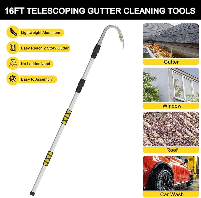 24FT Reach Gutter Cleaning Tools from Ground, Telescopic Rain Gutter Cleaners Tool with Quick Connect Adapter and Heavy Duty Wand for 2nd Story House