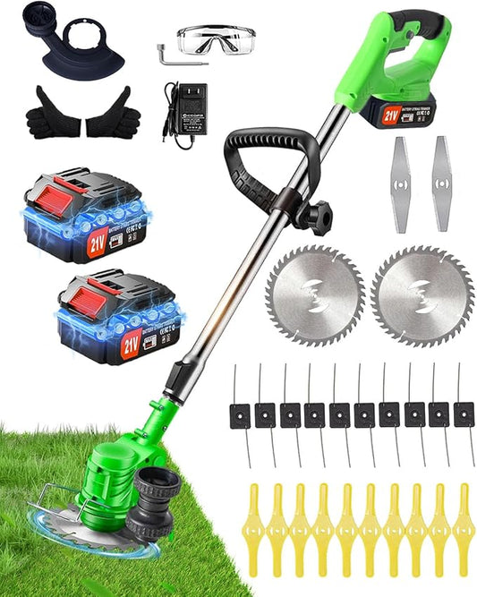 Cordless Weed Wacker Battery Powered,4-in-1 Grass Trimmer/Brush Cutter with 4 Types Blades, 21V Weed Electric Eater with 3.0Ah Battery*2 for Lawn Care and Yard Work