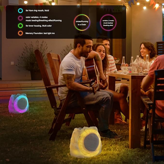 Outdoor Speakers Solar Powered & USB-C Charging Rock Speaker TWS Pairing Wireless Outdoor Speaker Bluetooth 5.4, LED Light Show, Waterproof, ideal for Backyard BBQ, Garden, Poolside (2-Pc,Grey)