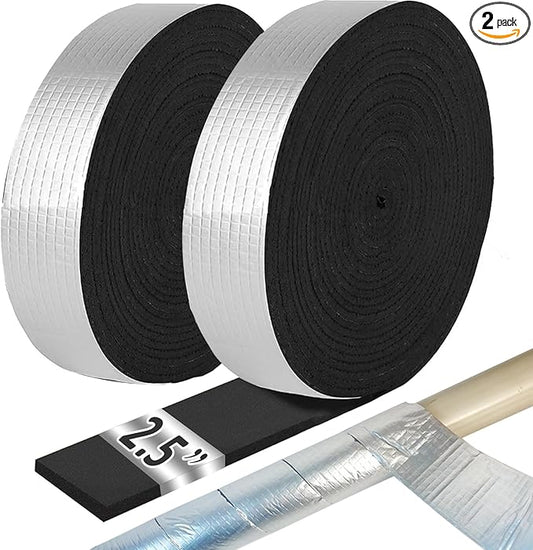 2 Roll Premium Pipe Tape, 2.5" Wide X 32.8 Ft, Aluminum Foil & Foam Insulation for Hot & Cold Pipes