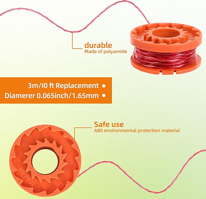 YMHB Trimmer Spool Line for Worx,12 Pack WA0010 Edger Spools Replacement for Worx, Trimmer Line Refills 0.065 inch for Worx, Suitable for Worx String Trimmers(10 Grass Trimmer Line, 2 Trimmer Cap)