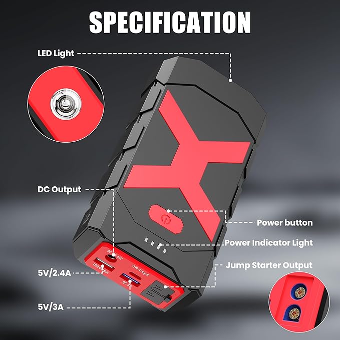 BOOKOO Jump Starter 2000A for Car/Boat/Lawnmower(8.0L Gas/6.5L Diesel Engine) Portable 12V Car Battery Jump Starter with Cables,Wall Charger,USB 3.0 Fast Charging,16V DC Output,3 LED Modes