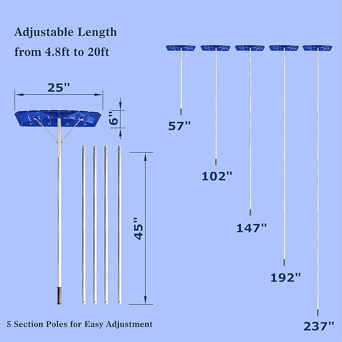MTB Garden 20 Feet Snow Roof Rake, 25 Inch Blue Poly Blade and Aluminium Handle, Snow Rake Telescoping Snow Removal Tool