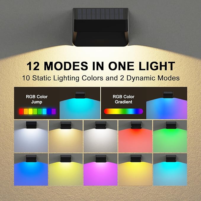 Solar Fence Lights Outdoor,Fence Solar Lights Outdoor Waterproof Led IP65 with10 Fixed Colors ＆ RGB Color Changing for Wall Backyard Step Railing Patio Pool Porchaily&Holiday Decorations (4)