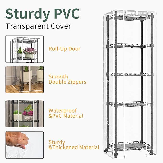 Mini 5-Tier Greenhouse for Indoor Outdoor, 15.7" L×11.8" W×62.3" H Portable Greenhouse with Clear PVC Cover and Metal Shelf for Growing Vegetables, Flowers and Seedlings, with Wheels
