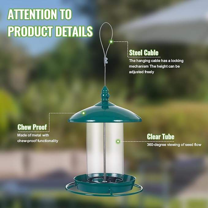 Metal Bird Feeder for Outside Hanging,Wild Bird Feeders for Cardinal, Large Roof and Tray - 6 Port