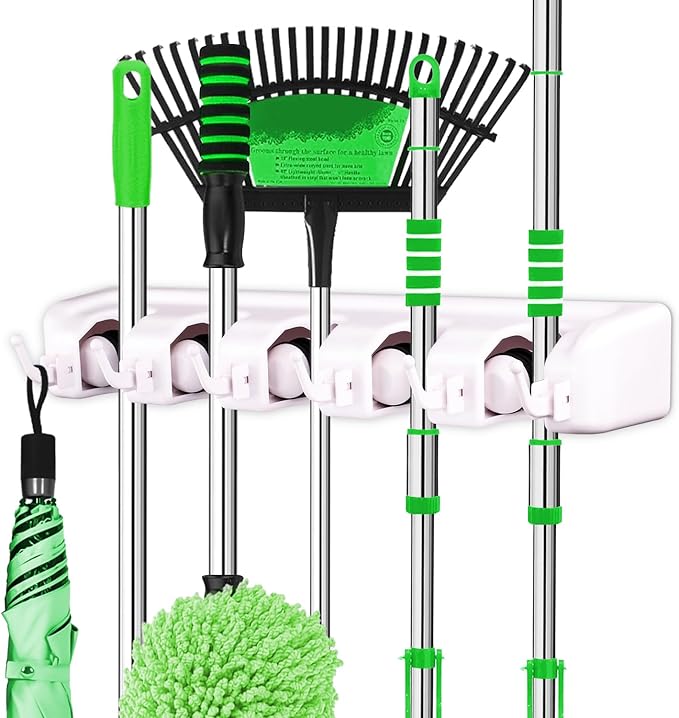 LETMY Broom Holder Wall Mount - Mop and Broom Hanger Holder - Garage Storage Rack & Garden Tool Organizer - 5 Position 6 Hooks Broom Rack for Home, kitchen, Garden, Tools, Garage Organization - White