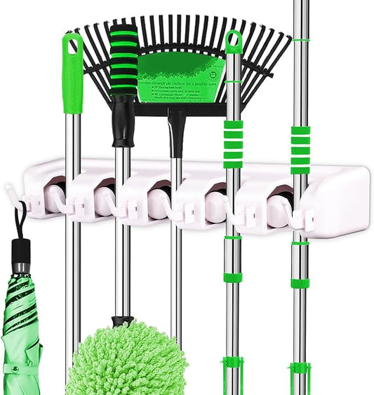 LETMY Broom Holder Wall Mount - Mop and Broom Hanger Holder - Garage Storage Rack & Garden Tool Organizer - 5 Position 6 Hooks Broom Rack for Home, kitchen, Garden, Tools, Garage Organization - White