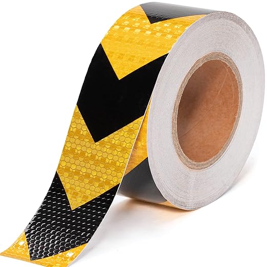 2 Inch X 100 Feet Black Yellow Arrow Reflective Hazard Safety Warning Caution Tape, Reflector Industrial Marking Tape for Trailers Vehicles Stairs Steps Floor Boats Outdoor Waterproof