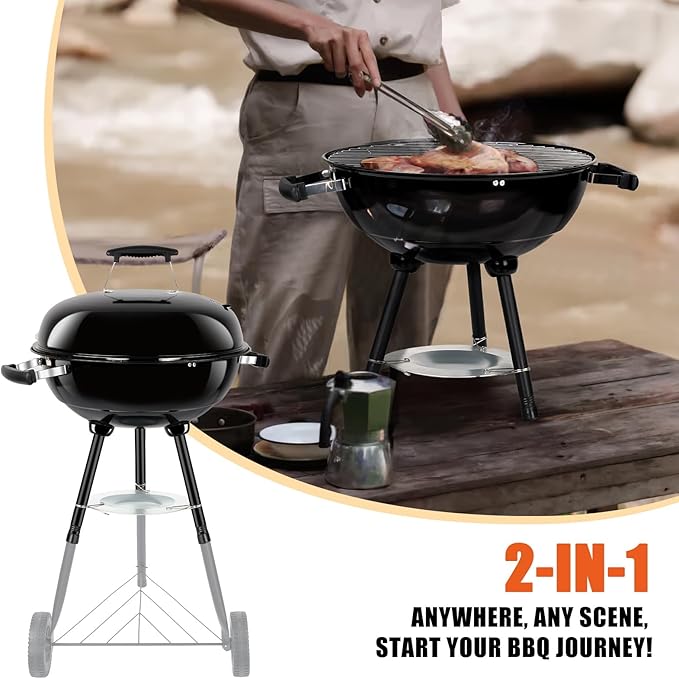 18 Inch Kettle Charcoal Grill, Leonyo Outdoor Barbecue Kettle Grill, Portable Round Smoker with Wheels, Porcelain-Enameled Lid & Fire Bowl, Perfect for Camping/Backyard/Tabletop Cooking/BBQ Party