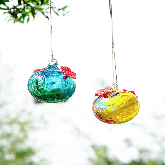 Pack 2 Blown Glass Hummingbird Feeders for Outdoors Small Glass Humming Bird Feeder for Window Hanging Ant and Bee Proof Humming Birds Feeders Decor for Garden Outside