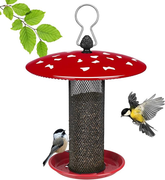 Veehoo Tube Bird Feeders for Outdoors Hanging-Finch Feeder for Nyjer Thistle Seed, Mushroom Metal Mesh Bird Feeder for Outside Hanging, Red