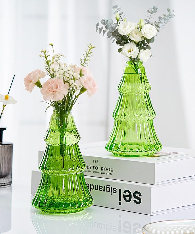 Nacome 2Pcs Tree-Shaped Glass Plant Terrarium,Planter Propagation Station Christmas Tree Decorations for Hydroponics Home Office, Unique Gifts for Plant Lovers Women Mom(Green)