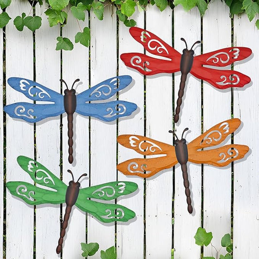 Metal Dragonfly Wall Decor, 4 Pack 14inch Retro Metal Dragonfly Wall Hanging Sculpture Decor for Outdoor, Yard Patio Fence Garden Outside Decorations