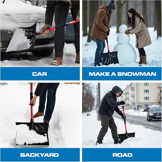 PLEXON Snow Shovel for Driveway, Snow Shovel for Car, Lightweight for Snow Removal, Home Garage, 47" Ergonomic, Plastic with D-Grip Handle